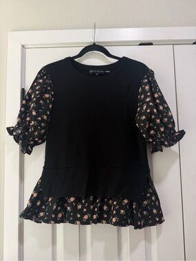 English Factory Black Floral Sleeve Peplum Top Medium
